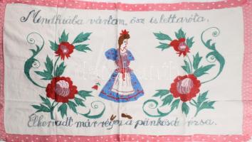Kézzel hímzett konyhai falvédő, "Mindhiába vártam, ősz is lett azóta, Elhervadt már régen a pünkösdi rózsa" felirattal, 45x75 cm