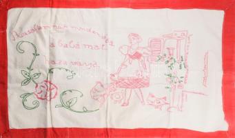 Kézzel hímzett konyhai falvédő, "Rózsafámnak minden ága a babámat hazavárja" felirattal, 43x75 cm