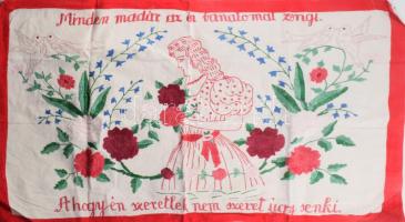 Kézzel hímzett konyhai falvédő, "Minden madár az én bánatomat zengi, Ahogy én szeretlek, nem szeret úgy senki" felirattal, 44x73 cm