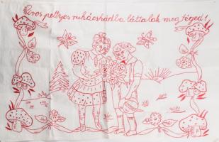 Kézzel hímzett konyhai falvédő, "Piros pettyes ruhácskádba láttalak meg téged," felirattal, 44x75 cm