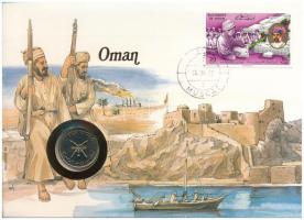 Omán 1986. 50b érmés borítékban, bélyeggel és bélyegzéssel, német nyelvű ismertetővel T:UNC Oman 1986. 50 Baisa in coin envelope, with stamp and cancellation, with German description C:UNC