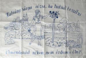 Kézzel hímzett konyhai falvédő, "Halvány sárga rózsa ha tudnál beszélni. Elmondanám néked nem é...