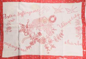 Kézzel hímzett konyhai falvédő, "Isten legfényesebb napsugara Világíts be e házba." felirattal, 47x71 cm