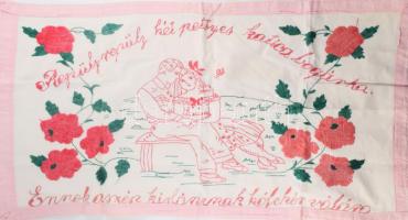Kézzel hímzett konyhai falvédő, "Repülj repülj hétpettyes katica-bogárka, Ennek a szép kislánynak hófehér vállára" felirattal, 45x75 cm