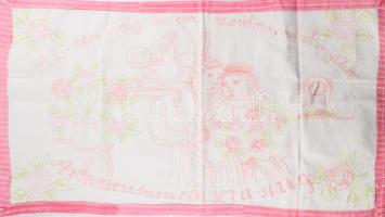 Kézzel hímzett konyhai falvédő, "Minden virág az én szerelmemből nyílik, az én szerelmem elkísér a sírig" felirattal, 42x74 cm