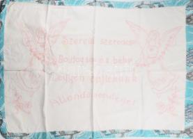 Kézzel hímzett konyhai falvédő, "Szeretet szerencse Boldogság és béke Legyen hajlékunk állandó vendége!" felirattal, 52x78 cm