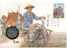 Laosz 1988. 10K Cu-Ni felbélyegzett borítékban, bélyegzéssel, német nyelvű leírással T:UNC Laos 1988. 10 Kip Cu-Ni in envelope with stamp and cancellation, with German description C:UNC