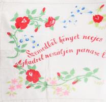 Kézzel hímzett konyhai falvédő, "Szemedből könnyet ne ejts, szívedbe bánatot ne rejts, ajkadról ne száljon panasz, életed legyen egy viruló tavasz." felirattal, 60x105 cm