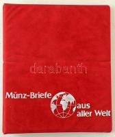 "Münz-Briefe aus aller Welt" piros, plüssborítású, négygyűrűs album, 11db kettes osztású berakólappal. Használt, de jó állapotban
