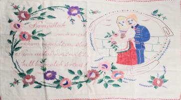 Kézzel hímzett konyhai falvédő, "Nem adlak másnak, nekem rendelt az élet, nem adlak másnak, ha kell, harcolok érted!" felirattal, 50x78 cm