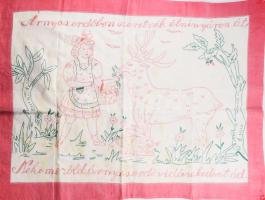 Kézzel hímzett konyhai falvédő, "Árnyas erdőben szeretnék élni nyáron át, Nekem e zöld árnyas erdő vidám kedvet ád" felirattal, 50x74 cm