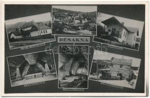 1942 Désakna, Ocna Dejului; I. sz. állami elemi iskola, községháza, sóbánya belseje és bejárata, iparvasút, vonat, látkép / school, town hall, salt mine entry and interior, industrial railway, train, general view
