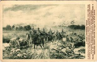 1. számú csataképes kártya. A győzelmes honvéd-huszárok a második lembergi csata után megszemlélik az ő vitéz támadásukkal a nagy grodeki tó mentén elhúzódó mocsaraknál megsemmisített tüzérségi állásokat. Kiadja a M. kir. Honvédelmi Minisztérium Hadsegélyező Hivatala / WWI Austro-Hungarian K.u.K. military art postcard (EK)