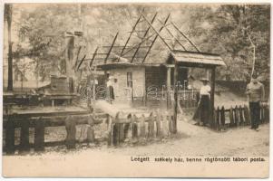 Leégett székely ház, benne rögtönzött tábori posta. Tervezte Medgyaszay. József főherceg vezérezredes erdélyi hadikiállítása / WWI Austro-Hungarian K.u.K. military exhibition, burnt down Székely house with improvised field post offic