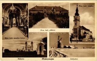 1935 Kiskunmajsa, Római katolikus templom és plébánia, templom belső, kálvária, szélmalom télen (EK)