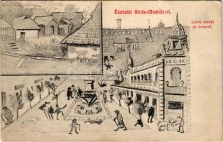 Miskolc, Üdvözlet Görbe-Miskolcról - Lefele menet az Avasról, gyógyszertár, részeg humoros rajz. Grünwald Ignác kiadása (EB)