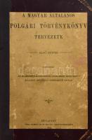 A magyar általános polgári törvénykönyv tervezete. Első szöveg. Készítették az igazságügyminisztérium kebelében szervezett állandó bizottság szerkesztő tagjai. Bp., 1900, Grill Károly, XIV+(2)+448+(2) p. Átkötött félvászon-kötésben, kopottas borítóval.
