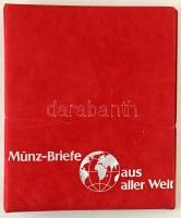 "Münz-Briefe aus aller Welt" piros, plüssborítású, négygyűrűs album, 15db kettes osztású berakólappal. Használt, de jó állapotban