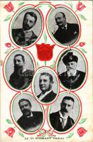 Az új (második) Wekerle-kormány tagjai: Wekerle Sándor, Ifj. Andrássy Gyula, Polónyi Géza, Kossuth Ferenc, Apponyi Albert, Josipovich Géza, Zichy Aladár. tulipános, hazafias dombornyomott selyemlap / Hungarian Goverment of 1906. Embossed, patriotic tulips, silk card (lyuk / pinhole)