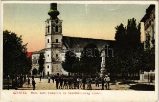 1928 Szentes, Római katolikus templom és Szentháromság szobor. Szilágyi Dezső kiadása (fa)
