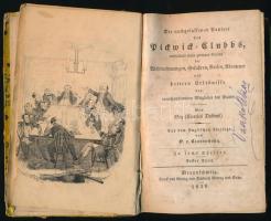 Dickens, Charles: Die nachgelassenen Papiere des Pickwick-Clubbs, enhaltend einen getreuen Bericht der Wahrnehmungen, Gefahren, Reisen, Abenteuer und heitern Erlebnisse der correspondirenden Mitglieder des Clubbs. Aus dem Englischen übersetzt von O. v. Czarnowsky. I-II. rész. [Egybekötve.] Braunschweig, 1839, Friedrich Vieweg und Sohn, 194 p.; 199 p. Német nyelven. Félvászon-kötésben, viseltes állapotban, sérült, kissé deformált borítóval és gerinccel, foltos lapokkal.