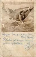 1911 Abbazia, Opatija; humoros műtermi fotó, a cápa szájában / the shark's jaw, humour. photo (fa)