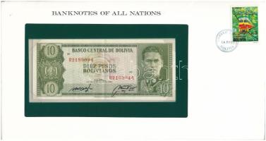 Bolívia 1962. 10B felbélyegzett "Banknotes of all Nations" bankjegyes borítékban, bélyegzéssel T:XF Bolivia 1962. 10 Bolivianos in "Banknotes of all Nations" banknote envelope with stamp and cancellation C:XF