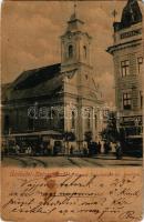 1902 Kolozsvár, Cluj; Kossuth Lajos utca, Evangélikus templom, Pap Ernő, Medgyes üzlete / street view, Lutheran church, shops (b)