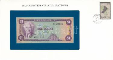 Jamaika 1989. 1$ felbélyegzett "Banknotes of all Nations" bankjegyes borítékban, bélyegzéssel T:UNC Jamaica 1989. 1 Dollar in "Banknotes of all Nations" banknote envelope with stamp and cancellation C:UNC