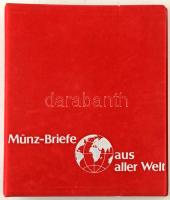 "Münz-Briefe aus aller Welt" piros, plüssborítású, négygyűrűs album, 14db kettesosztású berakólappal. Használt, de jó állapotban