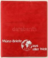"Münz-Briefe aus aller Welt" piros, plüssborítású, négygyűrűs album, 15db kettesosztású berakólappal. Használt, de jó állapotban