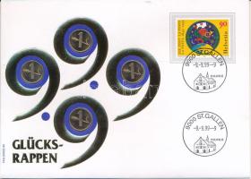 Svájc 1982. 1r bronz (4x), "Glücksrappen" érmés borítékban, bélyegzéses bélyeggel T:UNC,AU Switzerland 1982. 1 Rappen bronze (4x), in "Glücksrappen" envelope with stamp and cancellaltion C:UNC,AU