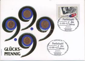 NSZK 1976-1989. 1pf bronz (4x) "Glücksrappen" felbélyegzett borítékon, alkalmi bélyegzővel, német nyelvű leírással T:AU,XF patina FRG 1976-1989. 1 Pfennig bronze (4x) "Glücksrappen" in envelope with stamp, with description in German C:AU,XF patina