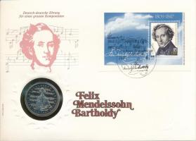 NSZK 1984J 5M Cu-Ni "Felix Mendelssohn születésének 175. évfordulója" felbélyegzett borítékban, bélyegzéssel T:UNC FRG 1984J 5 Mark Cu-Ni "175th Birth of Anniversary - Felix Mendelssohn" in envelope with stamp and cancellation, with German description C:UNC