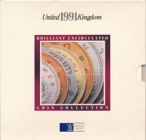 Nagy Britannia 1991. 1p - 1P (7xklf) forgalmi sor szettben, angol nyelvű leírással T:BU United Kingdom 1991. 1 Penny - 1 Pound (7xdiff) coin set in decorative cardboard case with English description C:BU