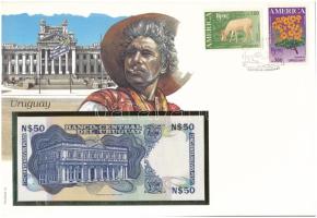 Uruguay 1989. 50P borítékban, alkalmi bélyeggel és bélyegzéssel T:UNC Uruguay 1989. 50 Pesos in envelope with stamps and cancellations C:UNC