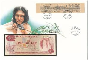 Guyana DN (1980-1983) 1$ felbélyegzett borítékban, bélyegzéssel, német nyelvű leírással T:UNC Guyana ND (1980-1983) 1 Dollar in envelope with stamp and cancellation, with German description C:UNC
