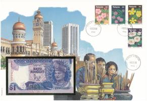 Malajzia DN (1981-1983) 1R felbélyegzett borítékban, bélyegzéssel T:UNC Malaysia ND (1981-1983) 1 Ringgit in envelope with stamp and cancellation C:UNC
