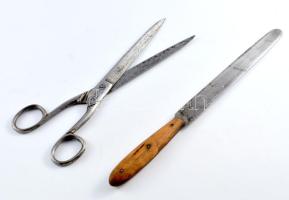 Solingen papírvágó olló + jelzetlen papírvágó kés, h: 31 cm alatt