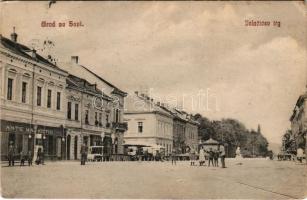 1911 Bród, Nagyrév, Slavonski Brod, Brod na Savi; Jelacicev trg, Ante Markotic. D. Zdravkovic / Jellasics tér, üzletek / square, shops (EB)