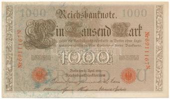 Német Birodalom 1910. 1000M piros pecséttel, hétjegyű sorszámmal "6911167N" T:AU German Empire 1910. 1000 Mark with red seal, 7 digit serial "6911167N" C:AU Krause P#44b