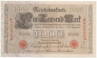 Német Birodalom 1910. 1000M piros pecséttel, hétjegyű sorszámmal "6324244A" T:AU German Empire 1910. 1000 Mark with red seal, 7 digit serial "6324244A" C:AU Krause P#44b