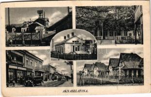 Aknaszlatina, Akna Slatina, Slatinské Doly, Szolotvino, Solotvyno (Máramaros); mozaiklap 5 képpel: bánya, iparvasút, automobil, Samu Knoll, Stern üzlete / multi-view postcard with 5 images: mine, industrial railway, automobile, shops (vágott / cut)