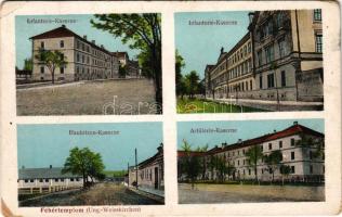 1913 Fehértemplom, Ung. Weisskirchen, Bela Crkva; Gyalogsági, tüzérségi és tarack laktanya / Infanterie, Artillerie und Haubitzen Kaserne. Verlag P. Kuhn / K.u.k. military barracks (kopott sarkak / worn corners)