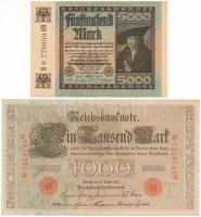 Német Birodalom 1910. 1000M piros pecséttel, hétjegyű sorszámmal "7228745M" + Németország / Weimari Köztársaság 1922. 5000M T:VF,F, szép papír German Empire 1910. 1000 Mark with red seal, 7 digit serial "7228745M" + Germany / Weimar Republic 1922. 5000 Mark C:VF,F, fine paper Krause P#44b, P#77