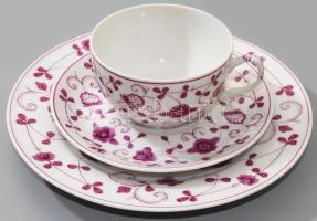 cca 1940 August Warnecke "China Purpur" egyszemélyes reggeliző szett, csésze alátéttel és desszertes tányér. Jelzett, d: 18,5 cm