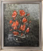 Losonci Lilla (1930-): Pipacsos csendélet. Olaj, farost, jelzett. Dekoratív fakeretben, 60×50 cm