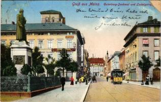 1914 Mainz, Gutenberg-Denkmal und Ludwigstrasse / street view, monument, tram (EM)