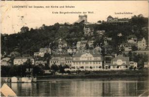 1914 Dresden, Loschwitz, Kirche und Schulen, Erste Bergschwebebahn der Welt, Loschwitzhöhe. Kunstverlag Max Köhler / church, school, funicular (glue marks)