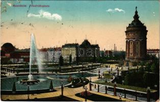 1914 Mannheim, Friedrichsplatz / square, fountain, tower (glue mark)
